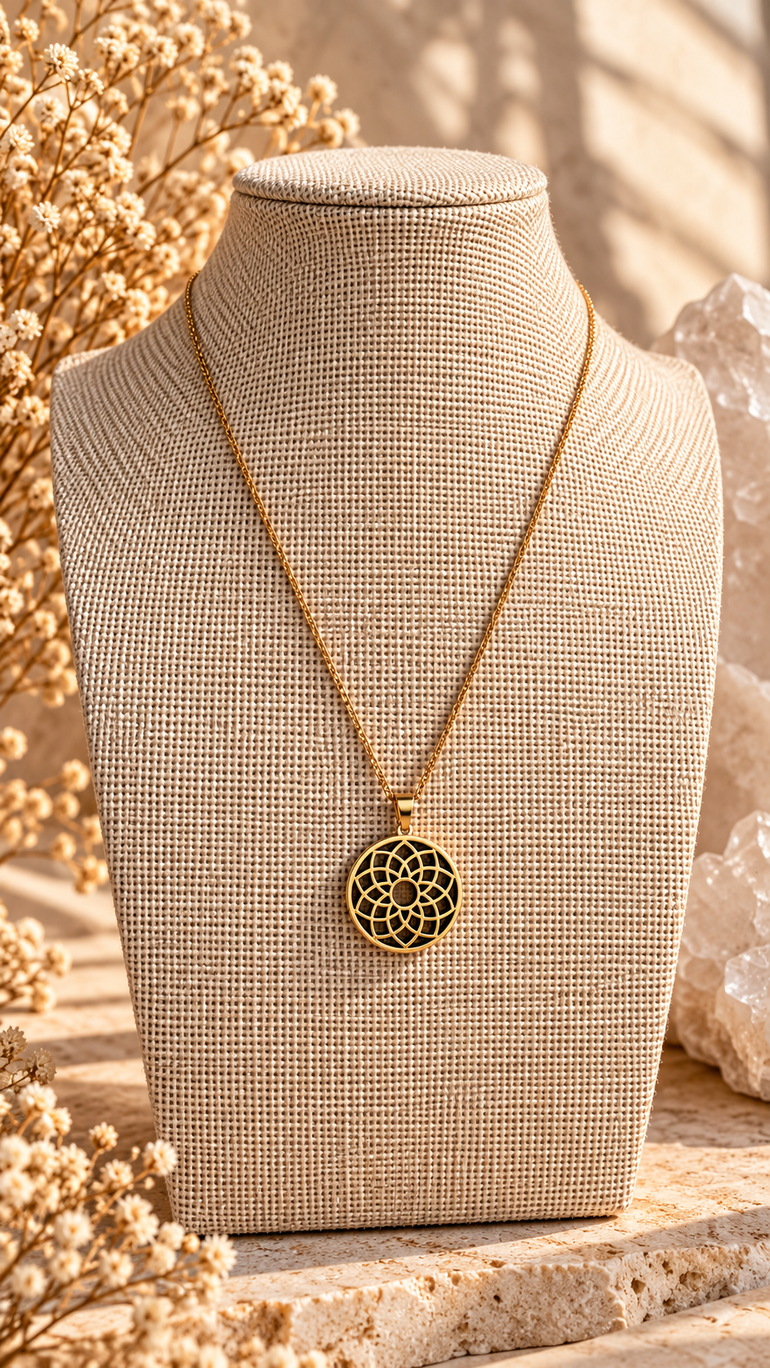 Colgante chakra corona con base de ónix en acero dorado – Prismatica House