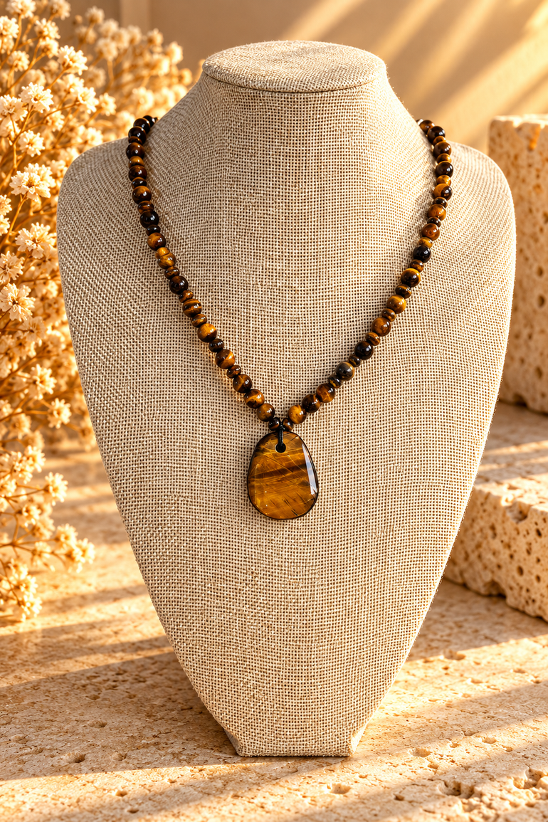 Collar artesanal de ojo de tigre con colgante pacificador – Prismatica House