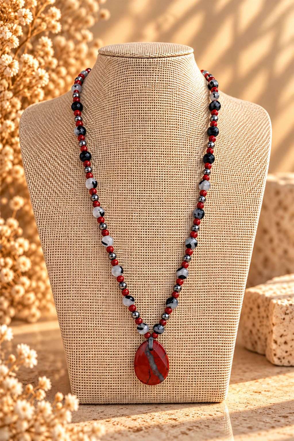 Collar artesanal de jaspe rojo con turmalina, obsidiana y hematita – prismatica house