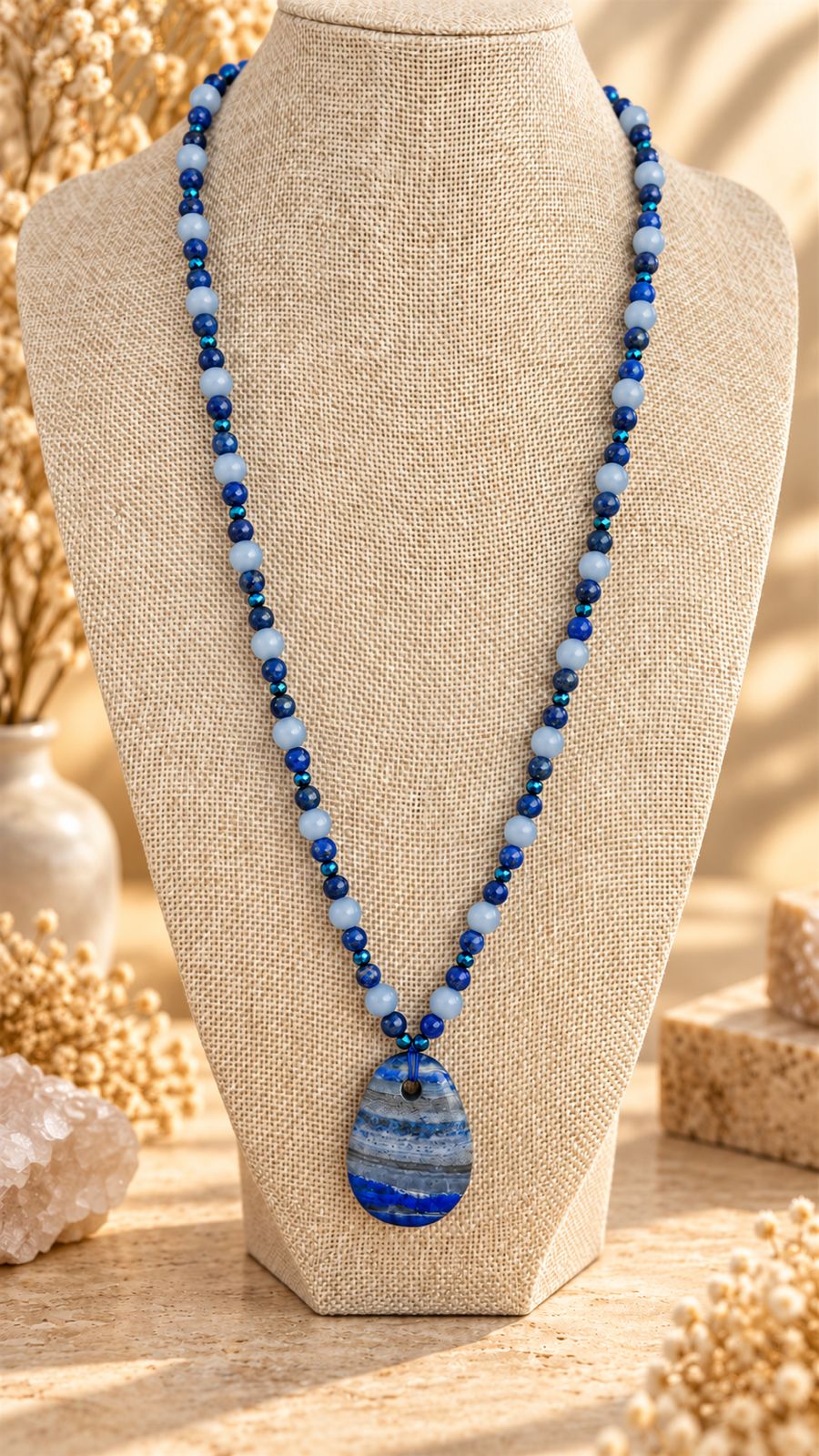 Collar artesanal de lapislázuli con celestina y hematita – prismatica house