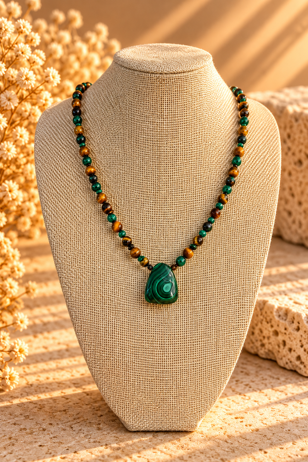 Collar artesanal de malaquita y ojo de tigre – prismatica house