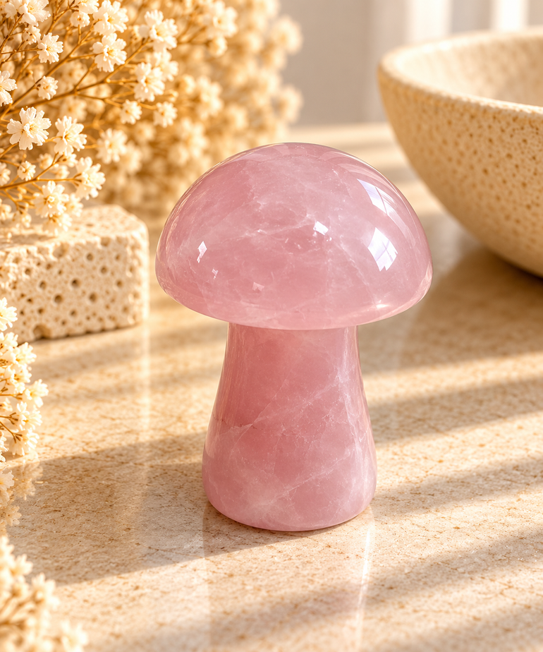 Champiñón de Cuarzo Rosa Natural Tallado