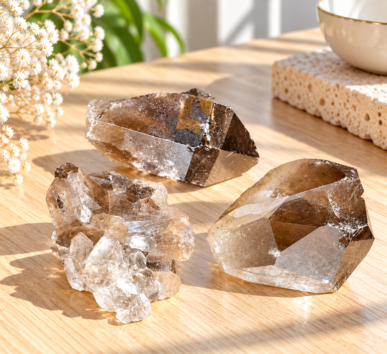 Pack de 3 mini clusters de cuarzo ahumado – Prismatica House