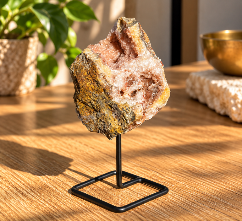 Geoda de Amatista Rosa Mini en Base de Metal de Prismática.